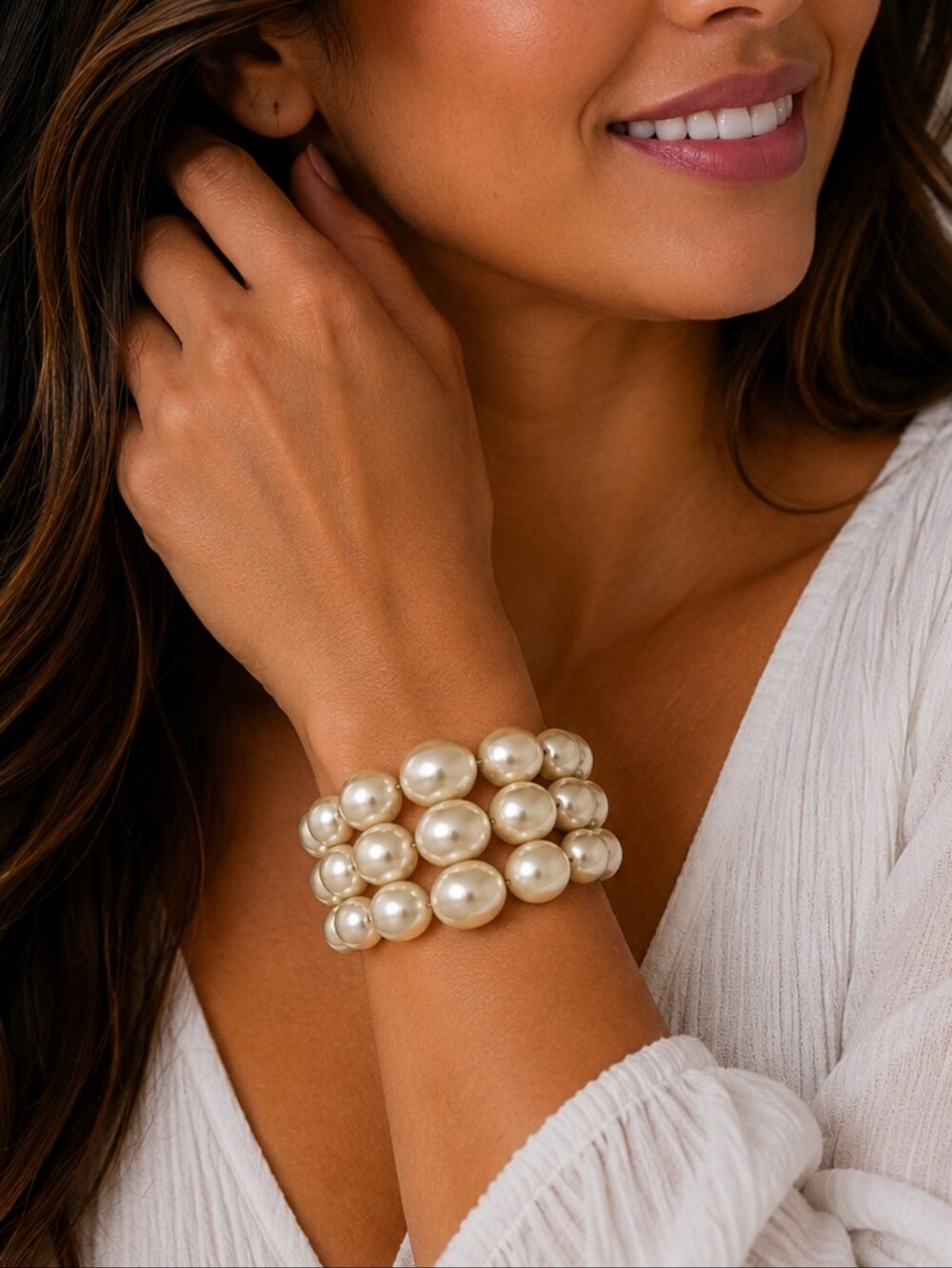 💎Vintage Faux Pearl 4 Row Stretch Cuff Bracelet Ivory Statement Wedding Classic